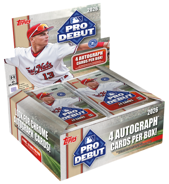 2026 Topps Pro Debut Baseball Hobby Box displayed open with Eli Willits in a Fredericksburg Nationals uniform and four autograph cards per box branding.