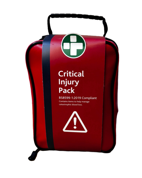 Critical Injury First Aid Pack in a durable red bag with a large red emergency warning label. The bag is designed to store and organize medical supplies for trauma situations, including bandages, gauze, and scissors, ideal for workplaces, vehicles, and emergency services.