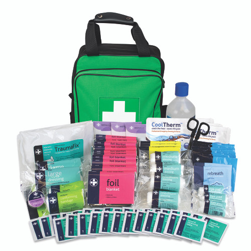 A full view of the Site First Response First Aid Kit, showcasing its contents. The kit includes a variety of first aid supplies such as bandages, antiseptics, and tools, all neatly organised within the bag. The kit is designed for quick access to essential first aid items in emergency situations.