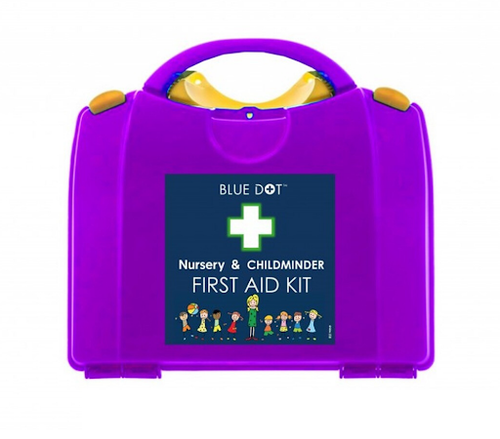 Purple Child Minder Children's Nursery First Aid Kit with clear front display. Includes a variety of medical supplies.