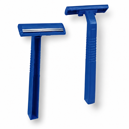 Blue disposable razor with a straight handle and dual razor blade design for easy shaving and grooming. Lightweight and hygienic, this single-use razor is perfect for personal care, medical, or emergency settings where quick and effective shaving is required. Ideal for travel, first aid kits, or hygiene purposes.