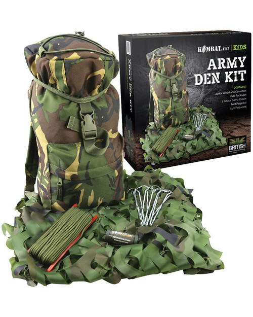 A kids' army den kit, featuring a camouflage den structure with various accessories. The den is surrounded by green foliage and camouflage netting to create a realistic army environment. The packaging box behind the set includes the name of the product and showcases the complete kit, which is designed for children to engage in tactical or military role-playing activities.