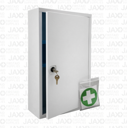 Durable metal first aid wall cabinet, ideal for workplaces, schools, or homes. Wall-mountable, empty design ready for customisation to meet your specific medical supply needs.