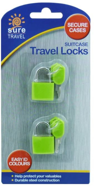 Set of two durable suitcase travel locks with easy-to-use green tags. Designed to secure luggage and protect your valuables during travel. Features a steel construction for long-lasting use.