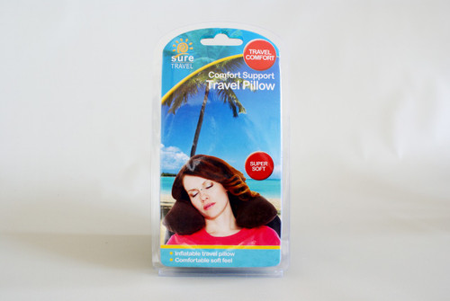Comfort Support Travel Pillow – A soft travel pillow designed for neck and head support during travel. The pillow is shown in a package with a model wearing it while resting, with a tropical beach scene in the background, making it ideal for comfortable sleep during trips.