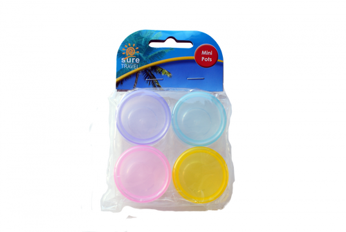 Travel Set of 4 Round Pots – A set of four small, colourful round pots (pink, purple, yellow, and blue) packaged together. These mini pots are ideal for carrying small quantities of liquids, creams, or powders while traveling.