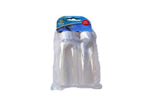 Travel Bottles (2 x 100ml) – A pack of two 100ml travel-sized bottles, each securely sealed in a plastic packaging. The bottles are ideal for storing liquids while traveling, meeting the standard size regulations for air travel.