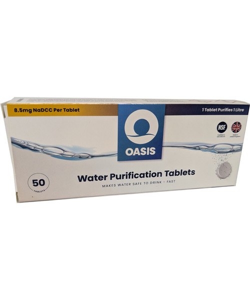 Water Purification Tablets (50 Tablets) – A box of Oasis water purification tablets containing 50 tablets. The packaging features the Oasis brand, with instructions for purifying water, ensuring safe drinking water in emergency or outdoor situations.