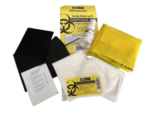 Single-use Body Fluid Spill Clean-Up Kit with gloves, apron, disinfectant, and absorbent granules.