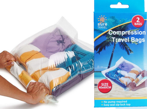 Packaging of Sure Travel compression travel bags, featuring a set of 2 bags designed to reduce the size of clothing and other soft items for more efficient packing. One bag is shown being compressed by hand, demonstrating how the easy-seal, rip-lock top allows for compact storage without the need for a pump.