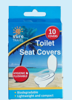 Packaging of Sure Travel toilet seat covers, featuring a pack of 10 hygienic, flushable covers. The product is biodegradable and designed for travel use, ensuring a clean and safe experience when using public restrooms. The packaging showcases its lightweight and compact design, ideal for easy storage while on the go.