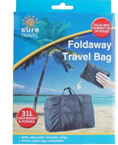 Packaging of the Sure Travel foldaway travel bag, featuring a 31L capacity. The bag is lightweight and compact, designed for easy storage when not in use. Perfect for travel, shopping, or carrying extra items, it folds neatly into a small pouch for convenience.