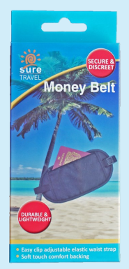 Packaging of the Sure Travel money belt, featuring a beach-themed design. The money belt is discreet and practical, designed for safely carrying cash, cards, and small valuables while travelling. It ensures security and ease of access during outdoor or travel activities.