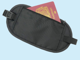 Close-up of the Sure Travel money belt, showing the black, sleek design with a passport stored inside. The belt offers a secure and hidden way to carry valuables close to the body, perfect for keeping money, cards, and important documents safe during travel.