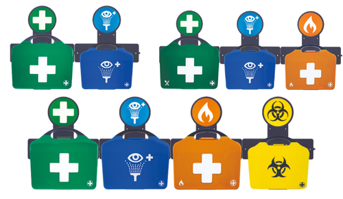 Multiple AuraPoint workplace first aid stations displayed with colour-coded kits for First Aid, Eyewash, Burns, and other emergency supplies. The kits come in green, blue, orange, and yellow, providing a versatile solution for workplace safety and quick access to essential first aid supplies.