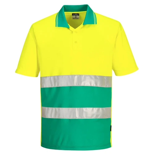 Front view of a high-visibility lightweight polo shirt in yellow and teal with reflective horizontal bands for enhanced safety. Short-sleeved design with a teal collar, ideal for use in construction, roadwork, or emergency services.