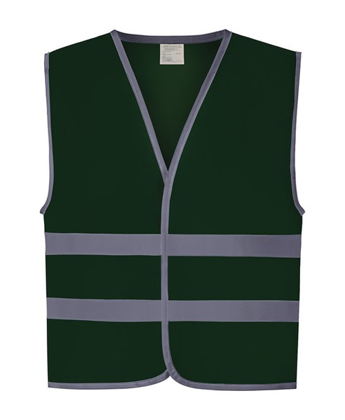 A bright, dark green paramedic children's safety vest. Sleeveless, v-neck style, used as safety apparel for children, particularly in relation to paramedic training or work.