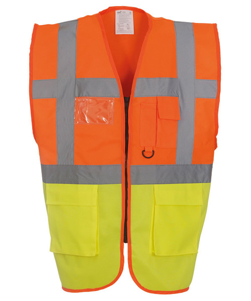 Full front view of an orange and yellow safety vest with reflective strips of grey for visibility and safety in the workplace or at night.