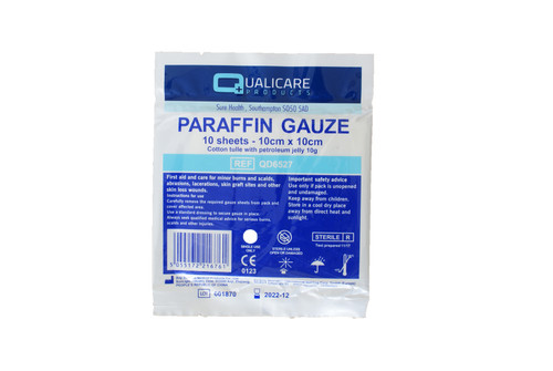 Paraffin gauze dressings, 10cm x 10cm, non-adherent, sterile pack of 10.