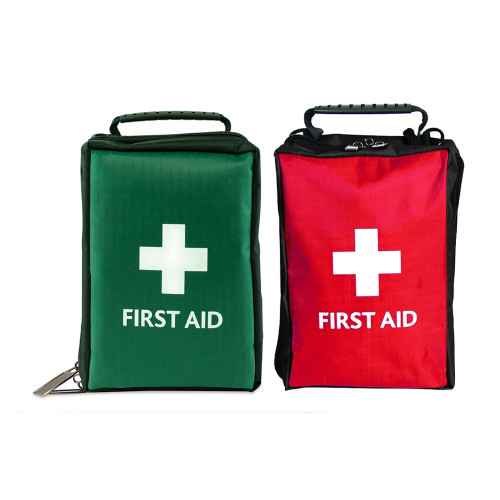 Stockholm Large First Aid Bag available in both red and green, made from durable rip-stop fabric with multiple compartments for organised medical supplies