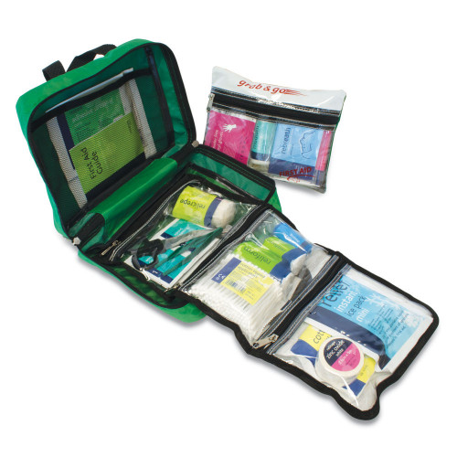 A green multipurpose first aid kit, opened to reveal multiple compartments filled with various medical supplies such as bandages, dressings, and antiseptics. The kit features clear, organised sections for easy access to its contents.