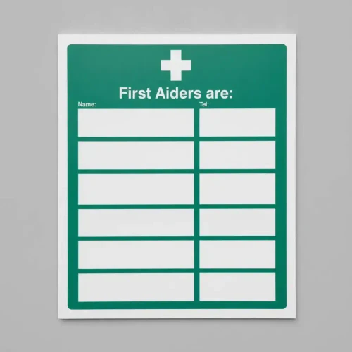 First Aiders Are (Space for 6 Names and Telephone Numbers)  Sign 200mm x 300mm