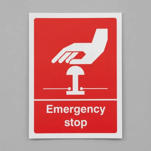 Emergency Stop (White / Red) Sign 100 x 75mm