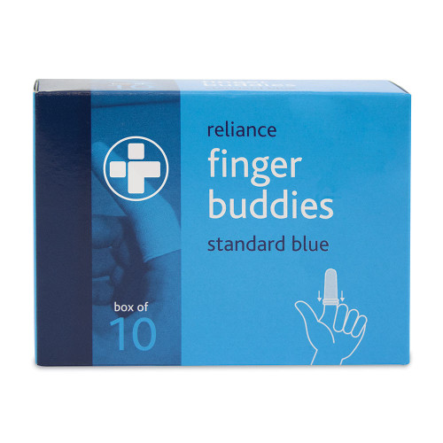 A box of ten standard blue finger buddies, providing effective protection and support for injured fingers. These buddies are designed for treating minor finger injuries such as cuts or sprains.