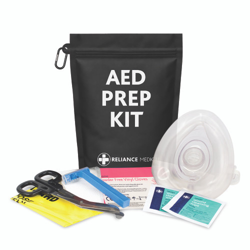 The black AED prep kit, fully packed with various items for defibrillator preparedness, including a defibrillator electrode pad, scissors, and gloves, ensuring quick access during emergencies.