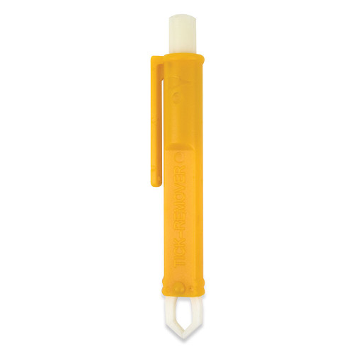 The tick remover tool outside of its packaging, featuring a yellow plastic design. The tool has a slender body with a small hook at the end, designed for removing ticks safely.