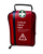 Critical Injury First Aid Pack in a durable red bag with a large red emergency warning label. The bag is designed to store and organize medical supplies for trauma situations, including bandages, gauze, and scissors, ideal for workplaces, vehicles, and emergency services.