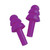 An image showing a pair of purple reusable silicone earplugs designed for hearing protection. The earplugs have a triple-flanged design for a secure and comfortable fit.