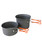 A pair of anodized aluminium cooking pots with orange folding handles. The pots are designed for outdoor use, made from lightweight, durable aluminium with heat-resistant handles. The handles can be folded down to save space when storing the pots. These pots are perfect for camping or hiking, offering compact and efficient cookware for outdoor meals.