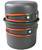 The anodized aluminium cooking pots stacked together for storage. The smaller pot is nested inside the larger one, and both pots have orange folding handles for easy handling. The pots are compact and designed to be space-saving, making them ideal for outdoor adventures such as camping or hiking.