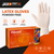 A box of Vibrant™ Latex Powder-Free Examination Gloves, shown alongside a single glove being worn. The box is orange with a colourful abstract design on the side, labelled with the brand name "Vibrant" and the size "XL" prominently displayed. The gloves are shown as white, latex, and powder-free, with a smooth finish. The hand wearing the glove is shown in the background, emphasising the glove's snug fit and use for medical or examination purposes. The packaging indicates that the gloves are suitable for various tasks and are designed for comfort and durability.