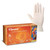 A box of Vibrant™ Latex Powder-Free Examination Gloves, shown alongside a single glove being worn. The box is orange with a colourful abstract design on the side, labelled with the brand name "Vibrant" and the size "XL" prominently displayed. The gloves are shown as white, latex, and powder-free, with a smooth finish. The hand wearing the glove is shown in the background, emphasising the glove's snug fit and use for medical or examination purposes. The packaging indicates that the gloves are suitable for various tasks and are designed for comfort and durability.