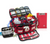 Open red elite emergency BLS bag displaying organized medical equipment, including bottles and bandages, with multiple compartments for efficient storage and easy accessibility during emergencies.