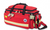 Red elite emergency basic life support (BLS) bag, featuring high-visibility reflective strips and multiple compartments for quick access to essential medical supplies in emergency situations.