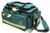 Green advanced life support emergency bag with reflective stripes. Designed for critical care professionals, featuring multiple compartments for medical tools and equipment. Comes with a convenient shoulder strap for easy transport.