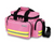 A pink emergency medical bag with reflective yellow and green stripes, made of polyester. It features multiple compartments and a black strap for easy carrying. This bag is used for light emergency medical use.
