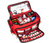 The red Elite Extremes Evo Trauma Bag opened to show its organized interior, filled with medical supplies such as bandages, scissors, and other essential items for Basic Life Support (BLS) procedures.