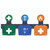 AuraPoint workplace first aid station featuring colour-coded kits for First Aid, Eyewash, and Burns. The green First Aid kit, blue Eyewash kit, and orange Burns kit are modular and can be easily combined to create a comprehensive emergency station for catering or workplace environments.