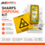 Sharps disposal kit including a biohazard marked yellow disposal bag, protective gloves, and a sharps container with caution labels. Ideal for safely containing and disposing of used needles, syringes, and other sharp objects in clinical or healthcare environments.