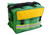 A six-compartment first response bag, designed in green and yellow, displayed fully packed with medical supplies. The bag is structured with a durable, reflective yellow stripe along the middle and features a handle for easy carrying. The compartments are organized for quick access to emergency supplies, making it ideal for first responders in the field.