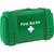 A green Evolution first aid kit case with a white cross symbol on the front, closed and securely fastened, indicating it is a compact and portable kit designed for motorcycle use.