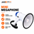 Compact white mini megaphone with a black handle strap, blue rear casing, and ergonomic grip, designed for amplifying sound during events, emergencies, or crowd control scenarios.