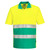 Front view of a high-visibility lightweight polo shirt in yellow and teal with reflective horizontal bands for enhanced safety. Short-sleeved design with a teal collar, ideal for use in construction, roadwork, or emergency services.