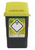 1-litre sharps bin with a grey base and yellow lid, featuring a clear biohazard symbol and warning label for safe disposal of medical sharps. Designed for use in healthcare and clinical settings to ensure safe waste management.
