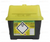 2-litre sharps bin with a grey base and yellow lid, featuring a clear biohazard symbol and warning label for safe disposal of medical sharps. Designed for use in healthcare and clinical settings to ensure safe waste management.