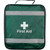 Closed green school outing first aid grab bag with a white cross and First Aid label, featuring a clear front pocket for visibility of contents. Lightweight and easy to carry for school field trips or outdoor activities.